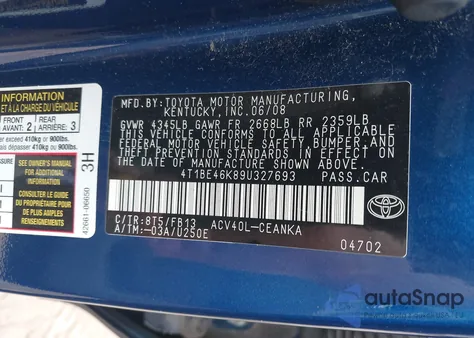 2009 Toyota Camry Le из США, поврежденный, VIN 4T1BE46K89U327693